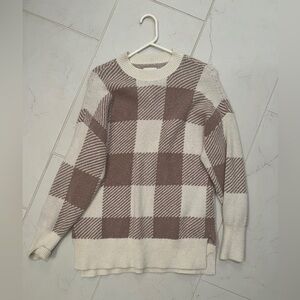 Abercrombie Taupe and Cream Checkered Oversized Crew Neck Sweater in XS